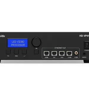 Front view of the Huidu HD-VP410 LED video processor with HDMI, DVI, VGA inputs and four Ethernet outputs, featuring LCD screen and USB support.