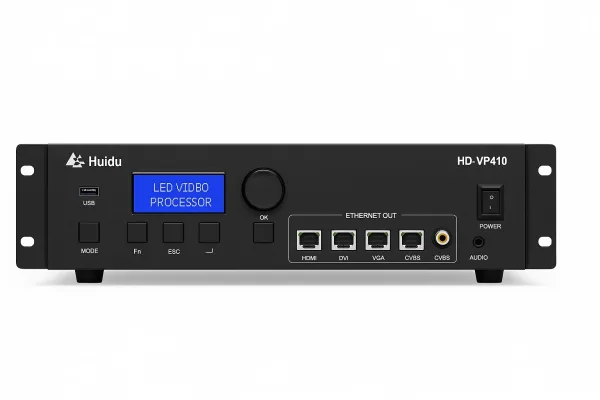 Front view of the Huidu HD-VP410 LED video processor with HDMI, DVI, VGA inputs and four Ethernet outputs, featuring LCD screen and USB support.