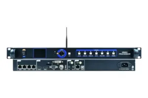 Front view of the Huidu HD-VP410 LED video processor with HDMI, DVI, VGA inputs and four Ethernet outputs, featuring LCD screen and USB support.
