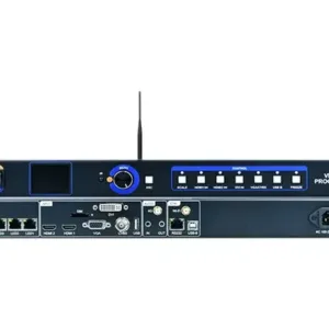 Front view of the Huidu HD-VP410 LED video processor with HDMI, DVI, VGA inputs and four Ethernet outputs, featuring LCD screen and USB support.