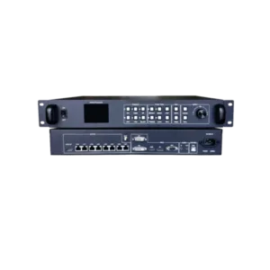 HD-VP820 LED video processor with LCD screen, multiple input source buttons, and full control panel in a 2U black metal rackmount case