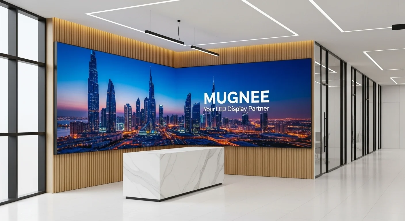 Indoor LED Display installation at office lobby by Mugnee – premium digital signage solution