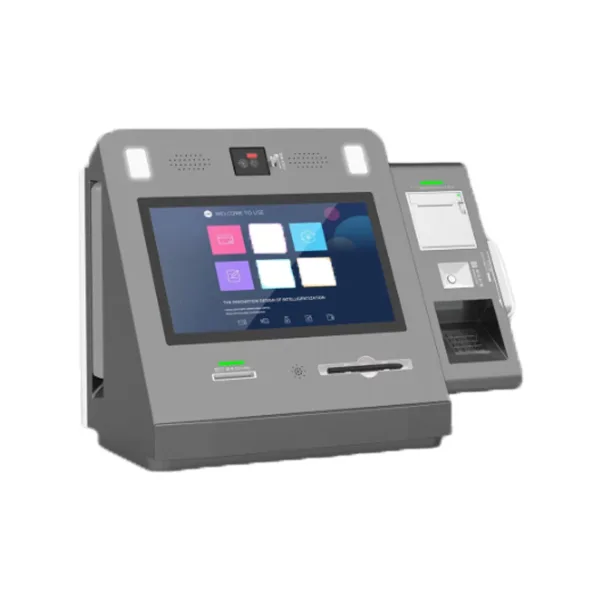 Compact RFID-based attendance kiosk with touchscreen, card dispenser, and thermal printer.