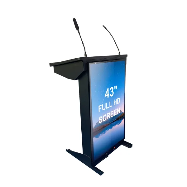 Digital podium with 43-inch touchscreen, gooseneck microphone, and floor-standing metal design.