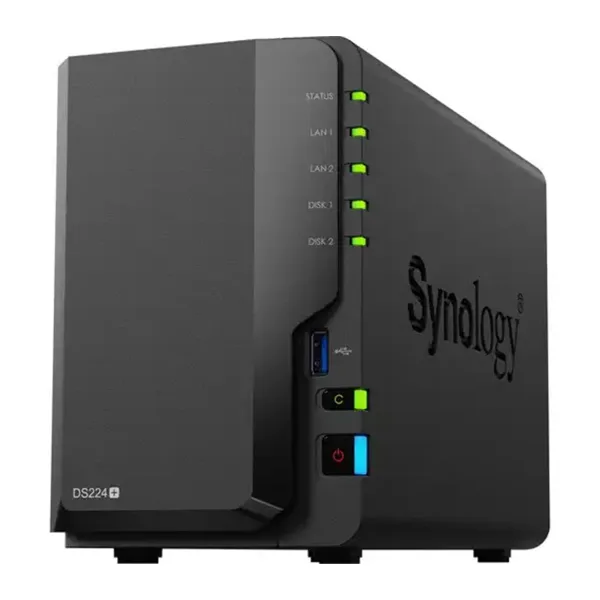 Synology DS224+ dual-bay NAS with Intel Celeron processor, 2 GB DDR4 RAM, and dual Gigabit Ethernet.