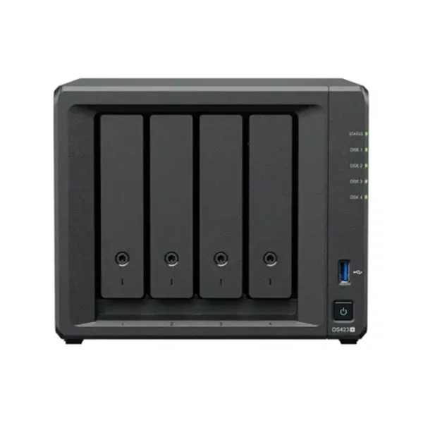 Synology DS423+ NAS with 4 drive bays, dual LAN ports, and M.2 NVMe SSD caching slots.