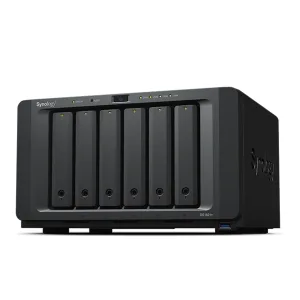 Synology DS1621+ NAS with 6 drive bays, AMD Ryzen CPU, ECC memory, and SSD caching slots.