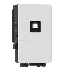 Deye SUN Series hybrid solar inverter with dual MPPT, LCD display, and IP65 waterproof housing.