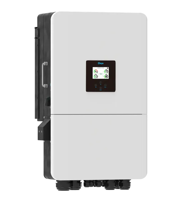 Deye SUN Series hybrid solar inverter with dual MPPT, LCD display, and IP65 waterproof housing.