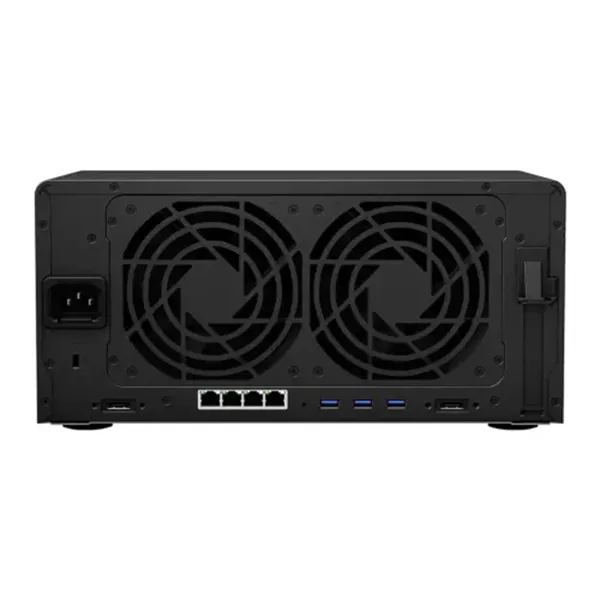 Synology DS1821+ NAS with 8 drive bays, M.2 NVMe SSD caching, and quad-core AMD Ryzen CPU.
