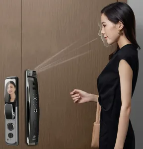 Smart face recognition door lock with fingerprint, PIN, RFID, and mobile app control.