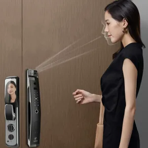 Smart face recognition door lock with fingerprint, PIN, RFID, and mobile app control.