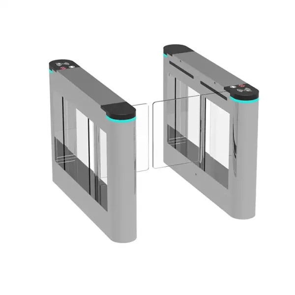Stainless steel swing turnstile barrier gate with LED indicators and infrared safety sensors.