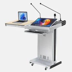 Smart digital podium with motorized tilt adjustment, touchscreen display, built-in audio system, and mobility wheels.