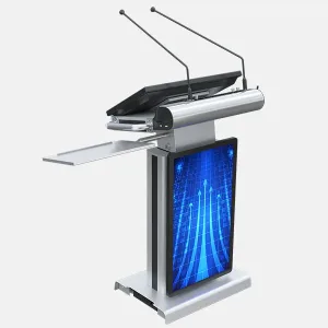Smart digital lectern with adjustable height, touchscreen display, built-in PC, and microphone.