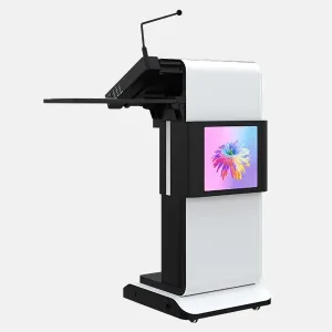 Smart lectern with height adjustment, touchscreen display, gooseneck microphone, and customizable branding panel.