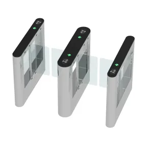 Stainless steel speed lane turnstile with infrared sensors, LED direction indicators, and bi-directional access.