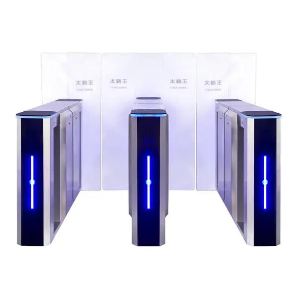 Sliding gate turnstile with stainless steel cabinet, acrylic panels, LED counters, and infrared sensors.