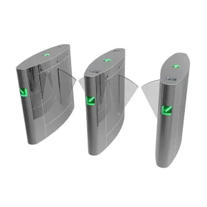 Stainless steel flap turnstile with synchronized dual wings and LED direction indicators.