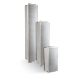 Honeywell L-POM20A 20W column loudspeaker with 100V/70V support, aluminium housing, fire-resistant cable, and clear PA sound output.