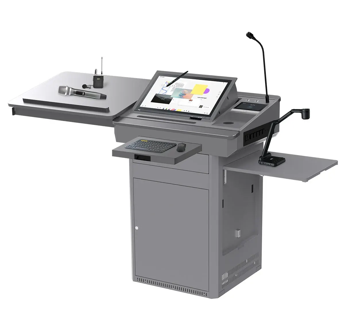 Multimedia Digital Podium with Touchscreen The Multimedia Digital Podium with Touchscreen and Document Camera is an advanced all-in-one presentation solution designed for universities, colleges, smart classrooms, training centers, conference rooms and seminar halls. It combines digital teaching, audio control, document presentation and multimedia management within one professional podium system. The podium features an integrated angled touchscreen monitor that allows presenters to control slides, documents, videos and interactive learning content directly from the lectern. A built-in or mounted document camera enables teachers and speakers to display printed documents, books, diagrams, samples and physical objects on a connected projector, LED display or interactive flat panel. Its gooseneck microphone supports clear voice delivery during lectures and presentations. The extended side platforms provide convenient space for a laptop, documents, wireless microphone, control devices and other presentation accessories. A pull-out keyboard and mouse tray helps users operate the integrated computer comfortably. The durable metal cabinet offers protected internal storage for a computer, amplifier, switching equipment and multimedia accessories. Its organized design helps reduce visible cables and keeps the presentation area clean. This multifunction digital podium is ideal for institutions that require a centralized teaching and presentation platform with touchscreen control, document visualization, microphone support and external display connectivity.