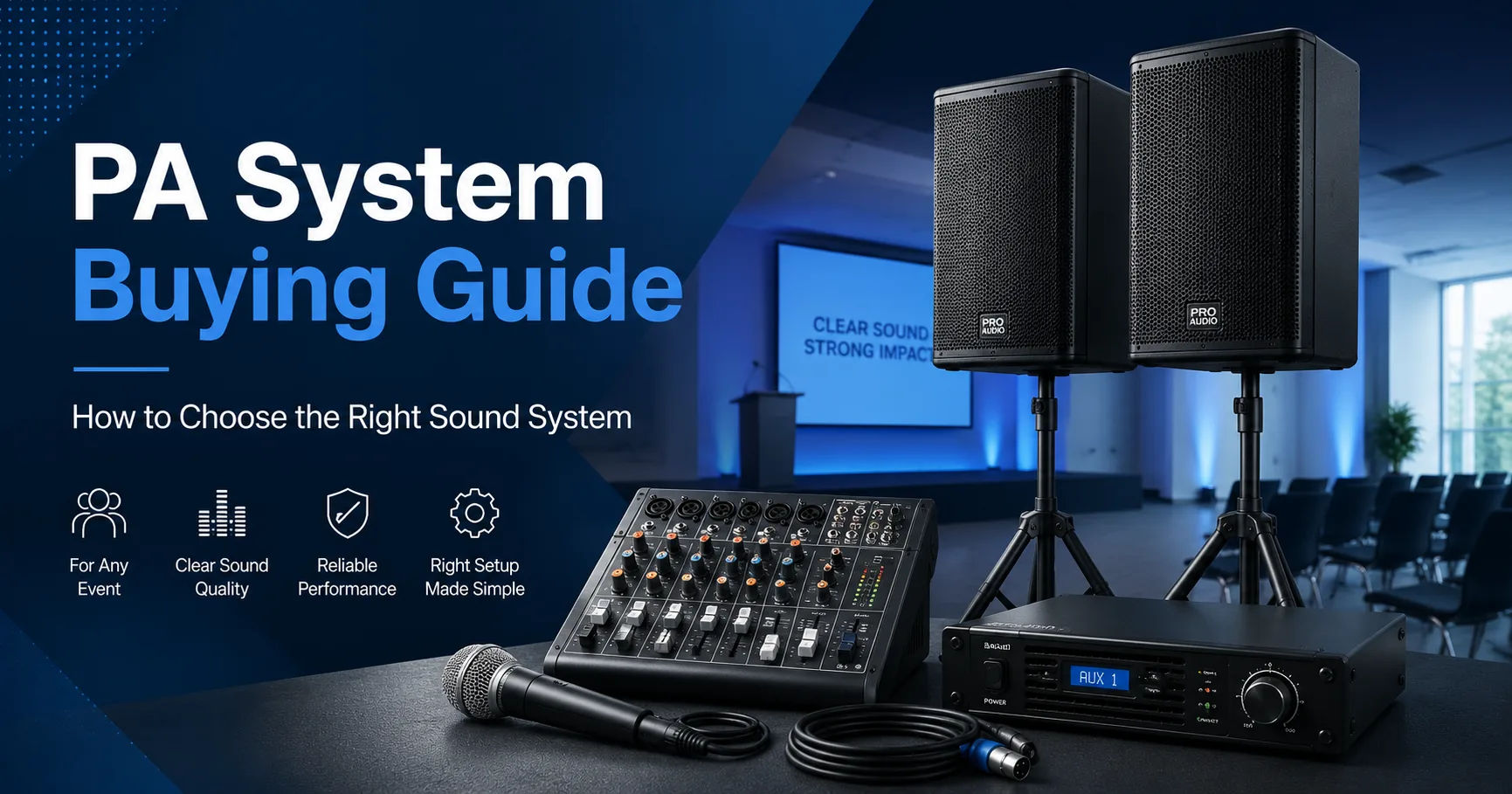 PA System Buying Guide featuring professional speakers, mixer, microphone, amplifier and audio cables